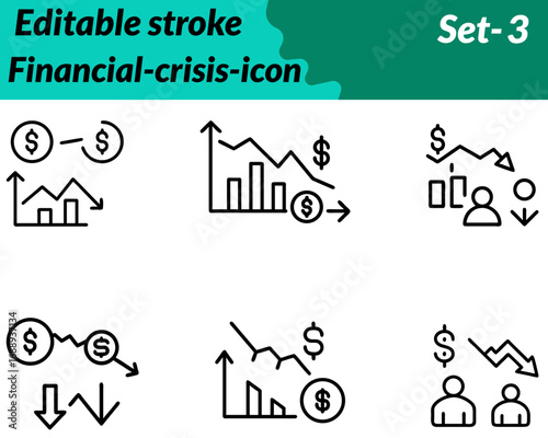 Financial-crisis icon character designed with a falling chart, broken piggy bank, and dollar sign to symbolize recession, instability, and money loss. Created in a minimal flat vector style with bold.
