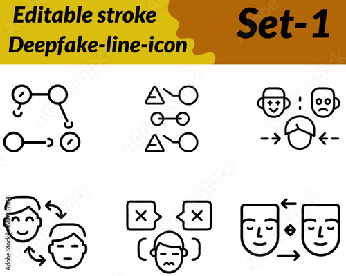 Deepfake icon character designed. with a split human face digital mask symbolizing fake media identity manipulation and editing. Created in a modern flat vector style with sharp contrasts and glitch.
