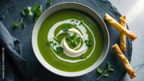 A bowl of green soup garnished with cream and herbs, served with breadsticks on the side.