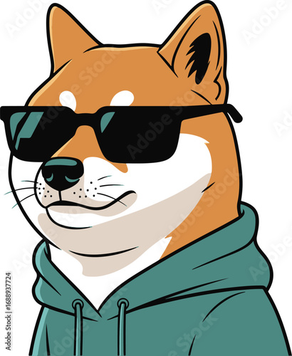 A Shiba Inu, rendered in pixel art style, sports a pair of stylish sunglasses and a teal hoodie.