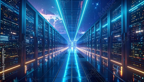 Futuristic server room, glowing neon lines