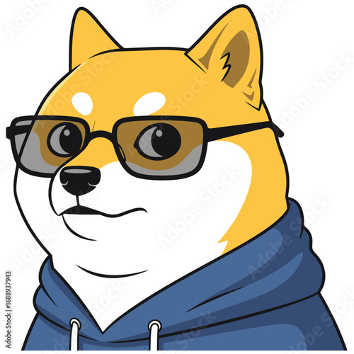 A vibrant pixel art illustration of a Shiba Inu dog sporting stylish sunglasses and a blue hoodie. 