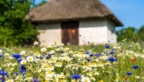 Daisies and cornflowers bloom in the foreground of a rustic, thatched-roof cottage