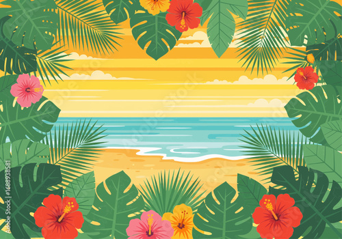 Tropical beach scene with palm leaves and hibiscus flowers framing the view.