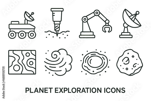 Planet exploration icons: rover, drill, robotic arm, satellite, terrain, dust, crater, asteroid