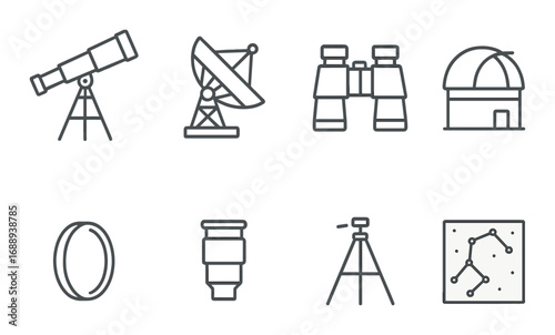 Astronomy equipment icons: telescope, satellite, binoculars, observatory, lens, constellation