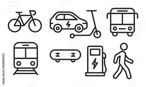 Minimalistic icons representing various modes of urban transportation