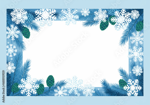 Winter frame with snowflakes, pine cones and fir branches.