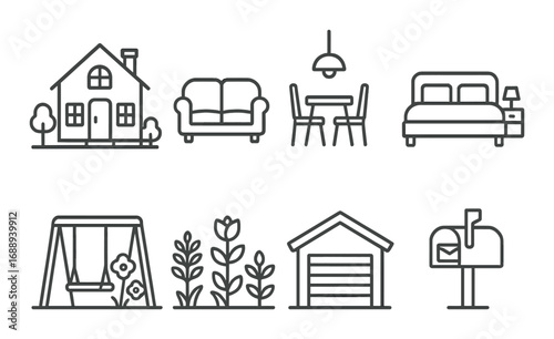 Home and garden icons: house, furniture, swing, plants, garage, mailbox