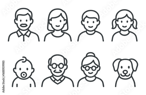 Simple outline icons of diverse people and dog on dark background