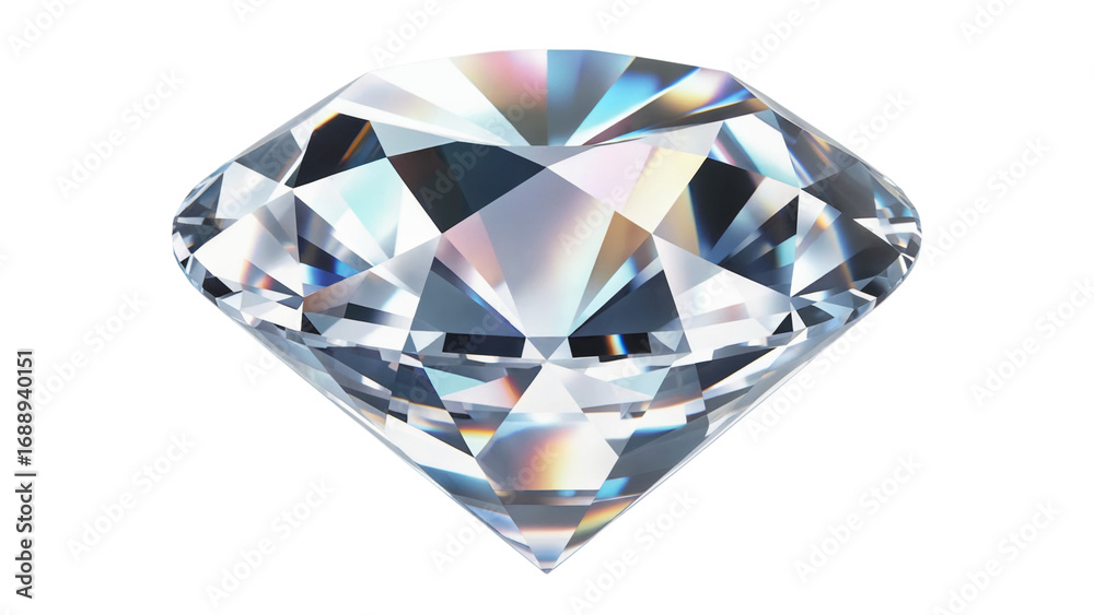 Fototapeta premium Brilliant Round Cut Diamond with Sparkling Refraction and Rainbow Light Dispersion Isolated on White Background