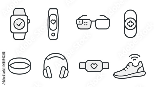 Set of eight smart device icons featuring wearable technology and gadgets