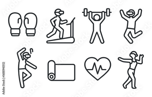 Virtual reality fitness icons: boxing, running, weightlifting, dance, yoga, cardio