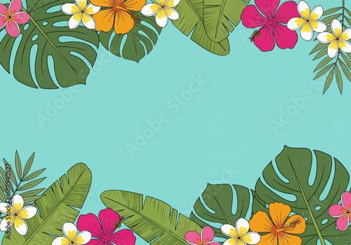 A vibrant tropical border with colorful hibiscus and plumeria flowers and lush green monstera leaves on a turquoise background.