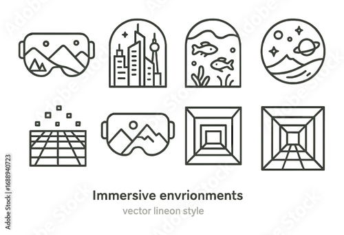 Virtual reality line art icons representing immersive environments and experiences