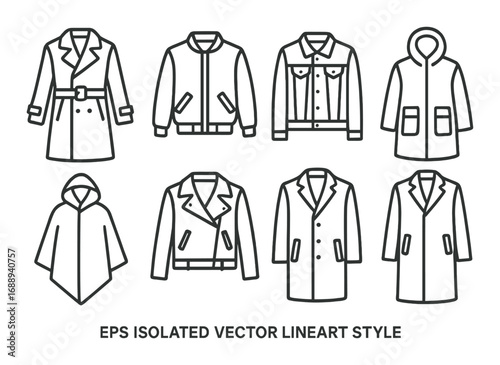 Various outerwear designs in minimalist line art style