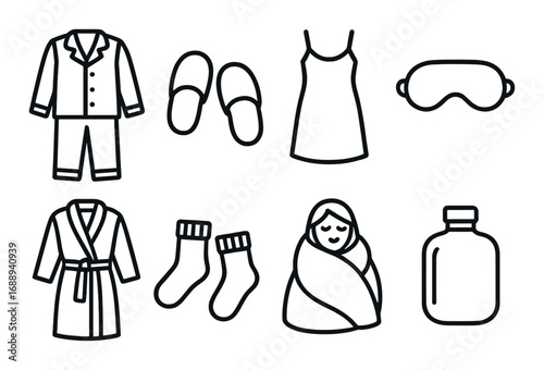 Bedtime essentials collection: pajamas, sleep mask, slippers, socks, hot water bottle