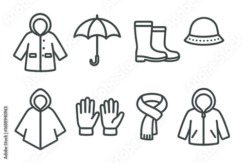 Outline of rain gear and accessories on textured background