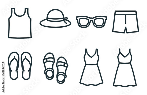 Minimalistic icons of summer clothing and accessories on dark background