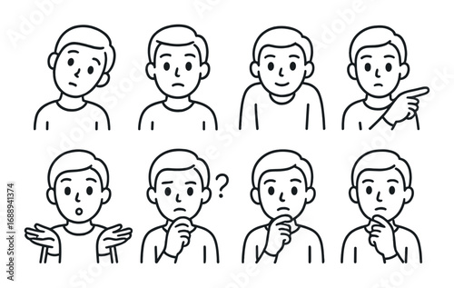 Monochrome cartoon expressions of male characters in various emotions