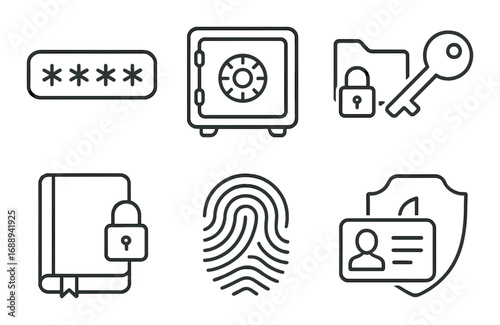Secure icons collection featuring password, safe, folder, book, fingerprint, shield