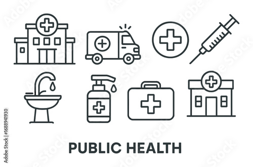 Public health icons: hospital, ambulance, medical kit, syringe, soap, sink, healthcare essentials