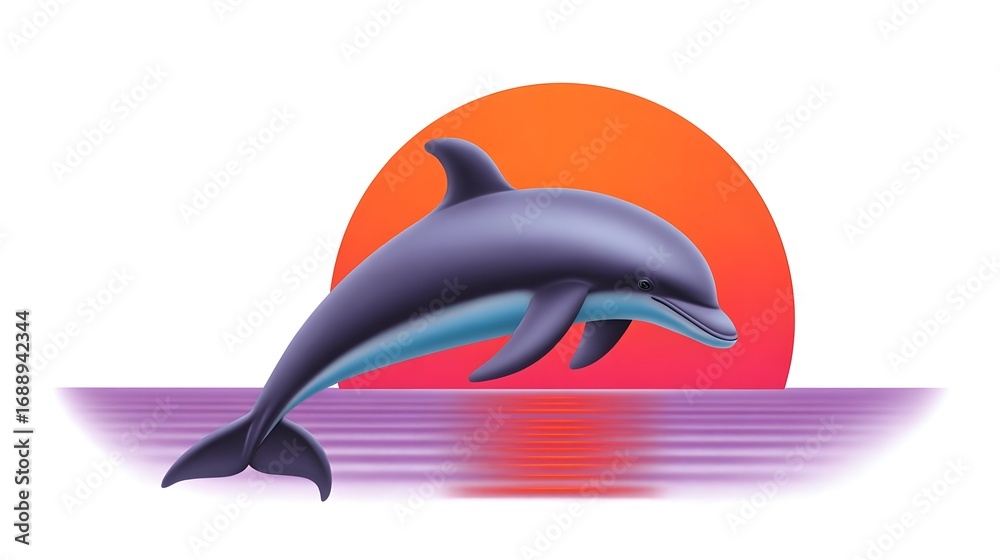 Fototapeta premium A playful dolphin leaping gracefully against a vibrant orange and purple sunset over the calm ocean waves