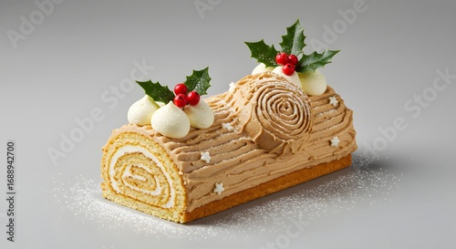 Festive Christmas Yule Log Cake with Holly Decoration