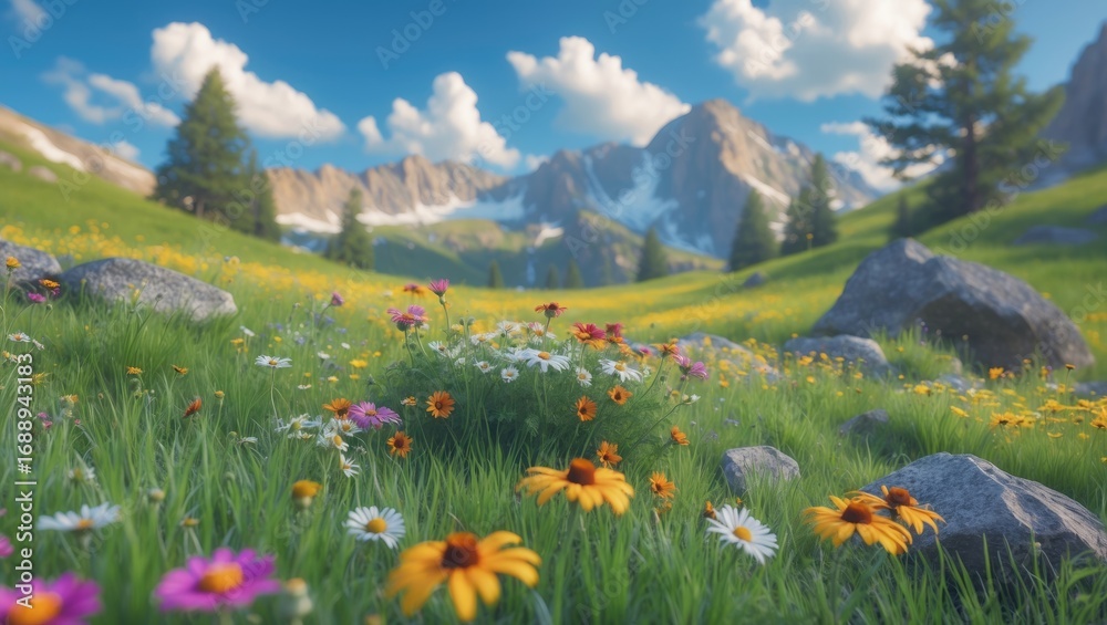 Fototapeta premium Vibrant wildflower meadow with mountains in the background on a bright, partly cloudy day.
