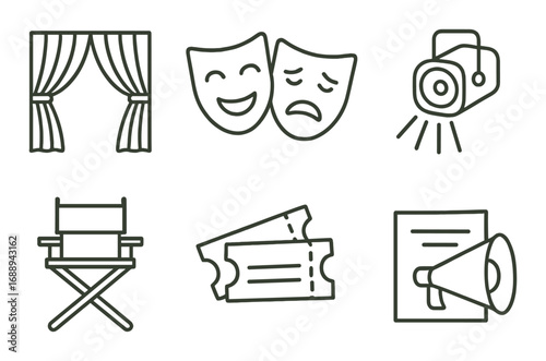 Theater and film icons: masks, tickets, director's chair, spotlight, megaphone, curtains