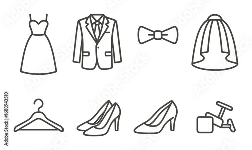 Wedding and formal attire icons set featuring dress, suit, bow tie, and shoes