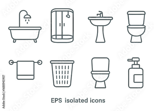 Bathroom icon set featuring shower, bathtub, sink, toilet, towel, basket, soap dispenser
