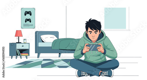 Young man playing mobile video game on smartphone in his bedroom.
