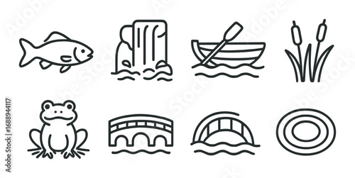 Outline illustrations of nature and outdoor activities: fish, waterfall, boat, frog, bridge, reeds