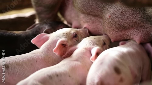 Pink piglets nursing, close up view of feeding newborns at farm