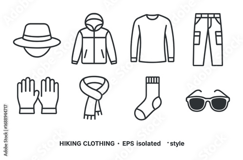 Hiking outfit essentials: hat, jacket, pants, gloves, scarf, socks, sunglasses
