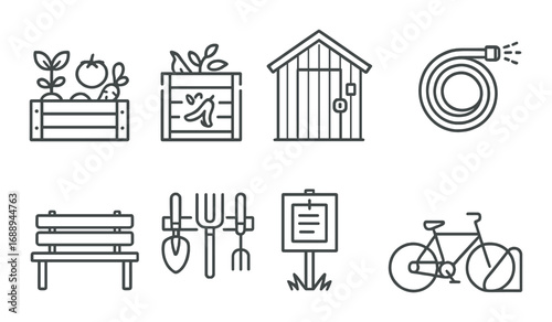 Garden icons: plants, tools, bicycle, bench, shed, hose