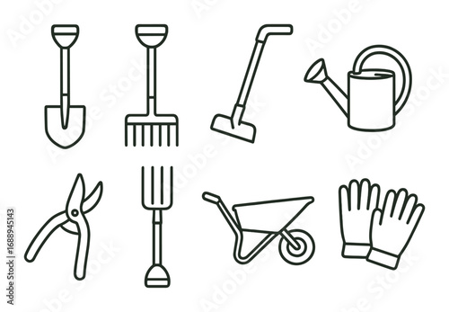 Set of gardening tools icons: shovel, rake, watering can, pruners, wheelbarrow, gloves