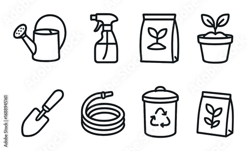 Gardening icons: watering can, sprayer, seed packets, plant pot, trowel, hose, recycling bin