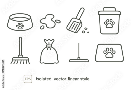 Pet hygiene icons in linear style: bowl, scooper, bin, brush and mop