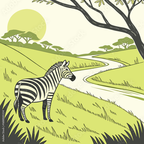 Zebra Standing on Grass Near Flowing River Vector Illustration