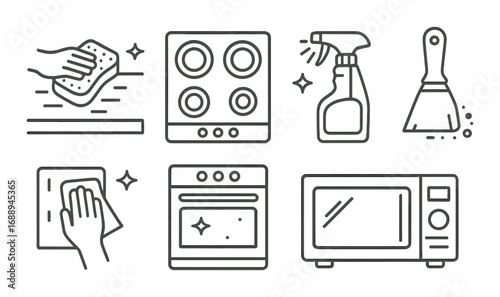 Kitchen cleaning icons with sponge, spray bottle, stove, oven, microwave