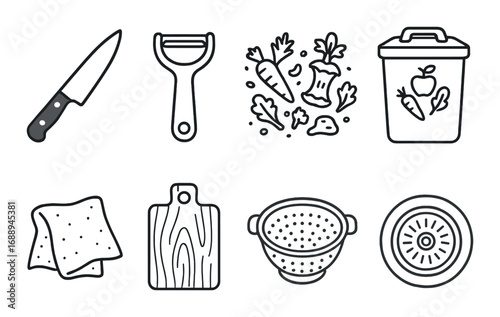 Kitchen tools icons set featuring knife, peeler, cutting board, colander, and compost bin