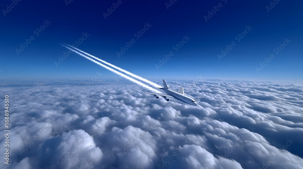 Fototapeta premium An aircraft flies swiftly through the clear blue sky, leaving a wispy contrail in its wake as it cruises above the fluffy white clouds below.