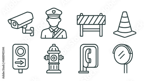 Traffic and safety icons: surveillance, police, barriers, cones, lights, hydrant, phone, mirror