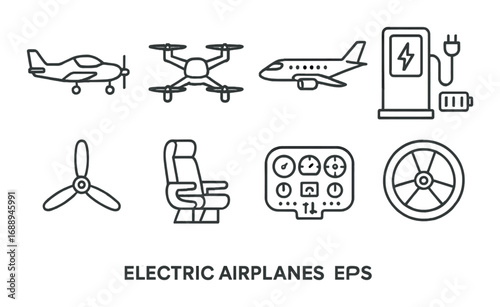 Electric airplanes set: drone, passenger jet, charging station, and cockpit icons