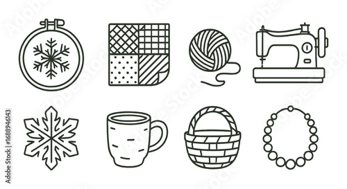 Crafting essentials: sewing machine, yarn, quilting patterns, and needlework icons