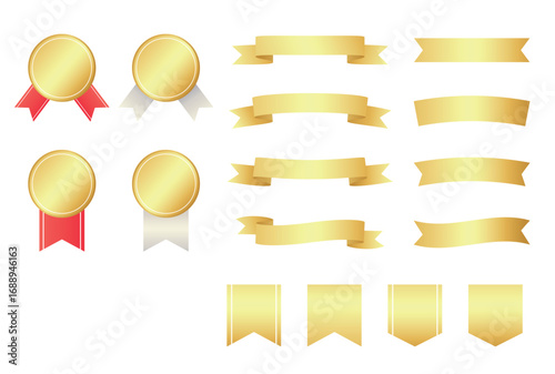 Gold ribbon and award badge vector set. Decorative banners, medals, and labels.