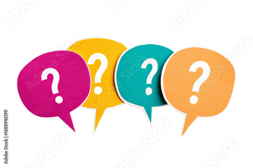 Set of colorful speech bubbles with white question marks isolated on white background