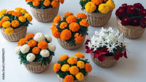 Basket arrangements of colorful flowers, including orange, white, red, and yellow blossoms, arranged in woven baskets.